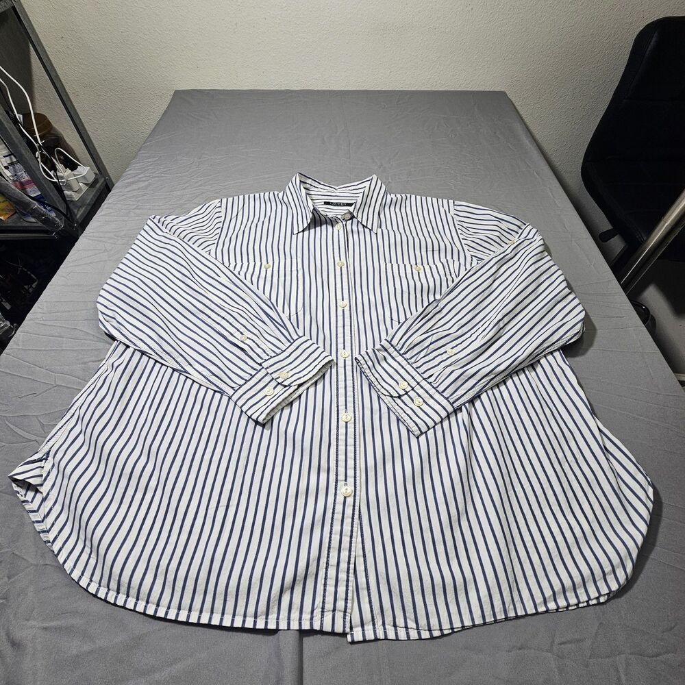 Lauren Ralph Lauren Women's 2X Blue White Striped Button Down Shirt Long Sleeve